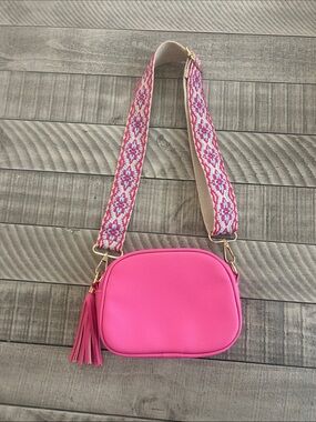 Kids Pink Crossbody Bag with Patterned Strap - Unbranded